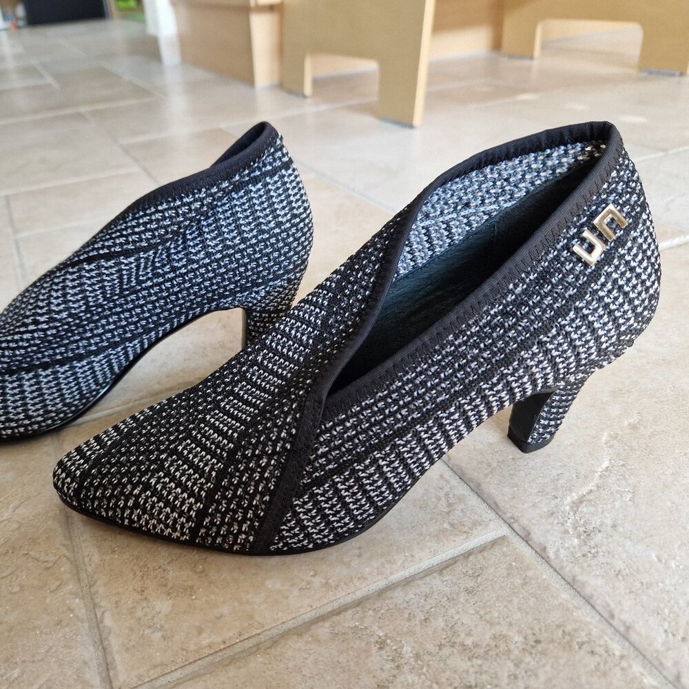 Black grey striped United Nude 38 low fold bootie heel
